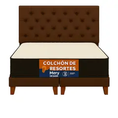 GENERICO - Cama 2 Plazas Cafe Oscuro Modelo Capitone + Colchon Mery Desing