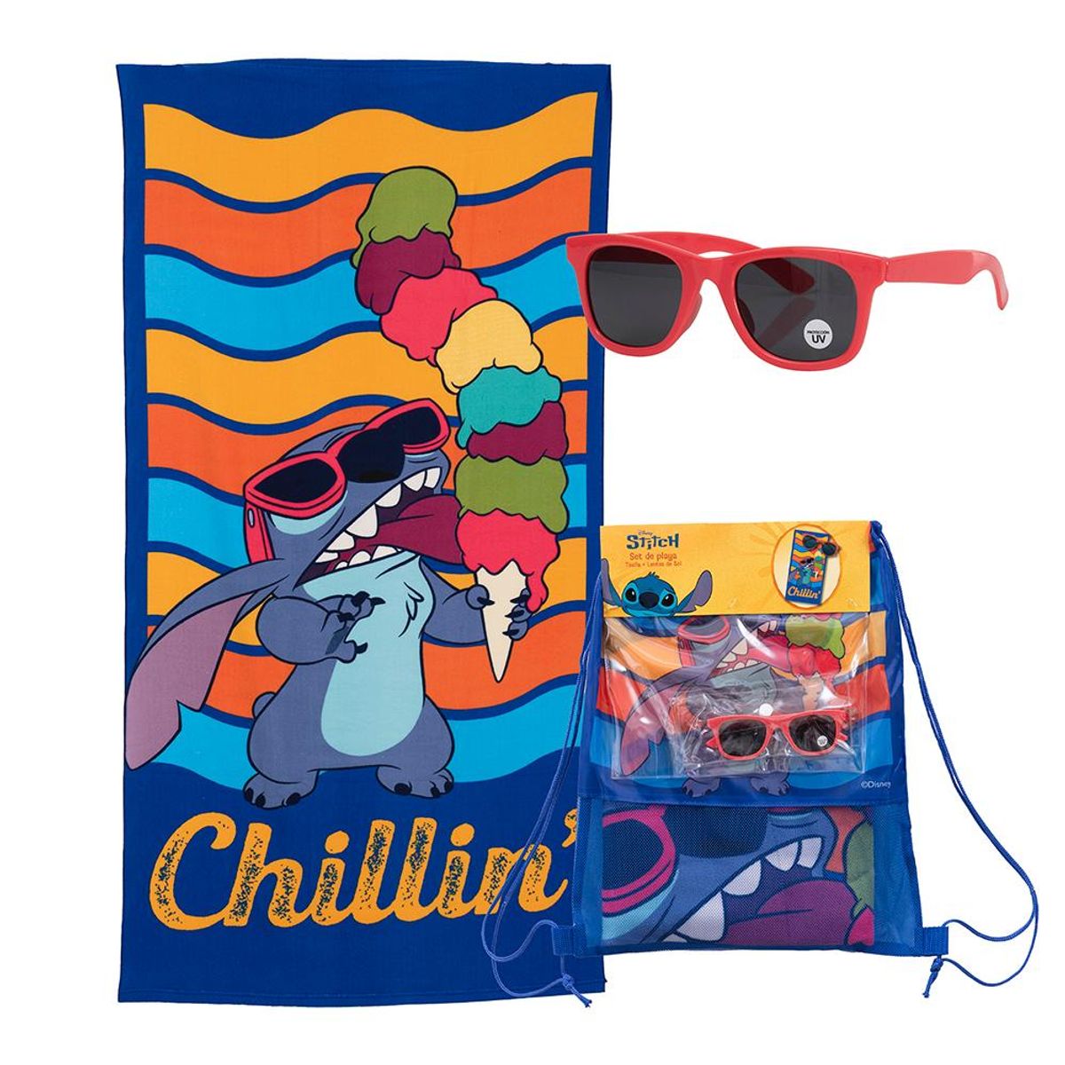 MASHINI - Toalla De Playa Infantil 70x140 Con Lentes De Sol Mashini Stitch Helad