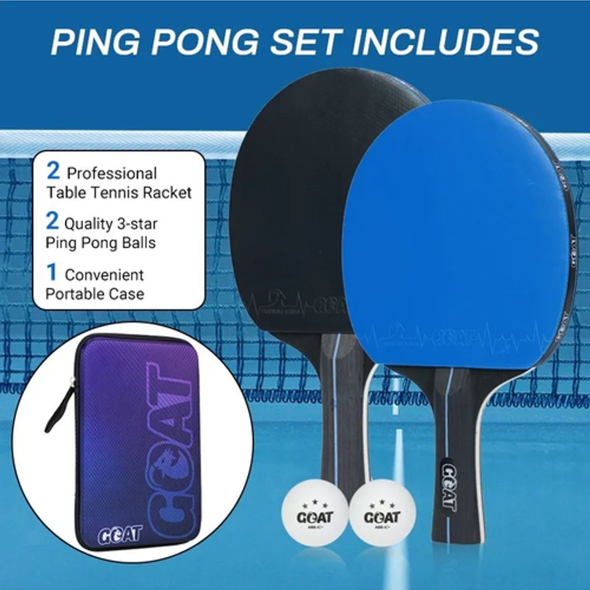 GENERICO - Pack 2 Raquetas Tenis Mesa Goat + Estuche + 2 Pelotas