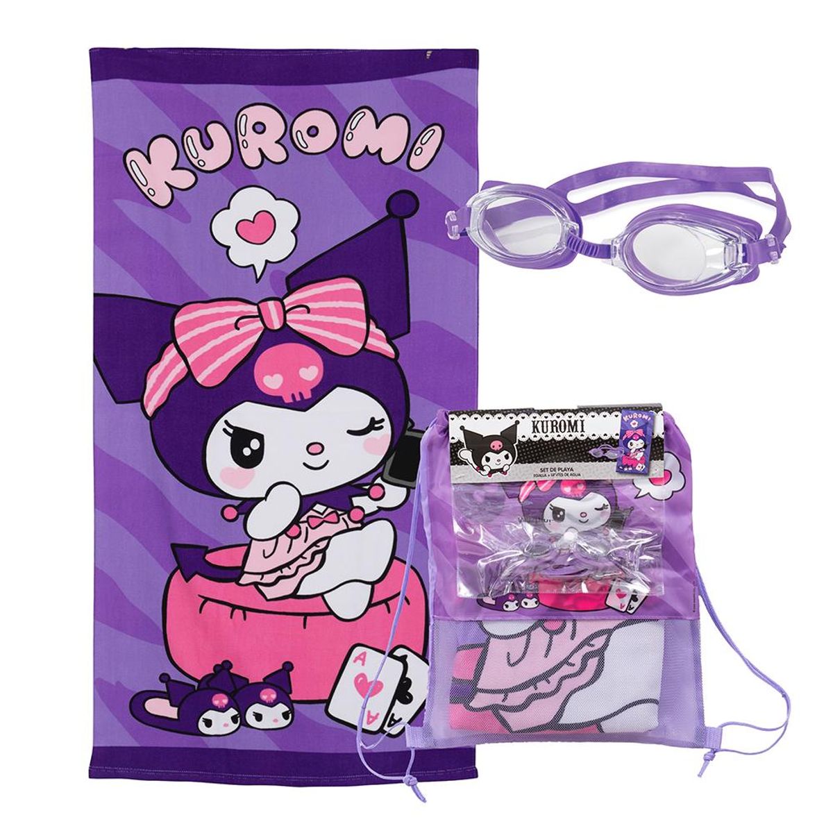 MASHINI - Toalla De Playa Infantil 70x140 Con Lentes De Agua Mashini Kuromi Mora
