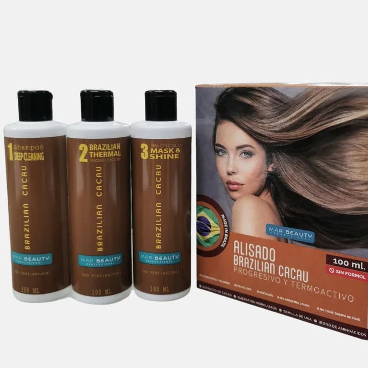 MAR BEAUTY - Kit Alisado Brazilian Cacau 100ml C/U 3 Pasos Marbeauty