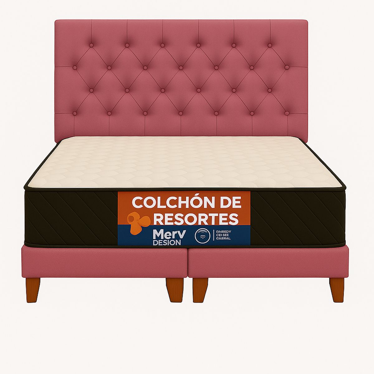 GENERICO - Cama 2P Palo Rosa  Modelo Capitone + Colchon Mery Desing