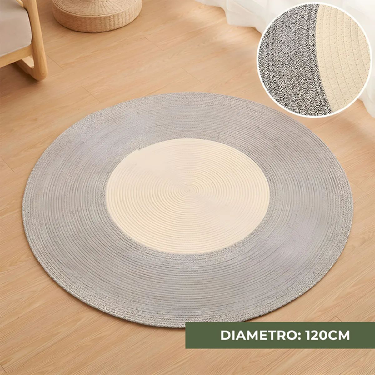 GENERICO - Alfombra Artesanal Algodón Redonda Gris Beige Bicolor 120cm