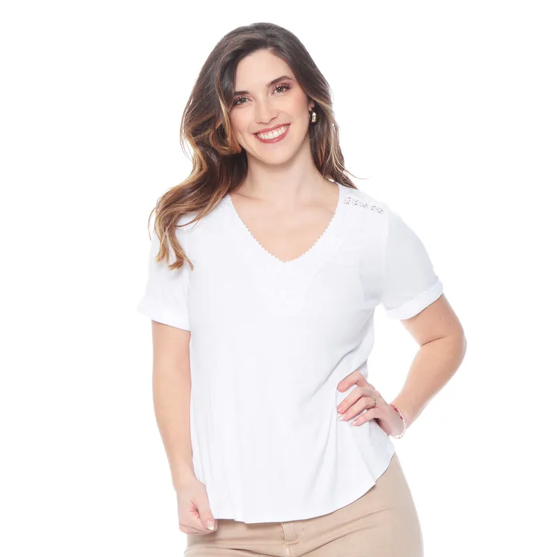 WADOS - POLERA MANGA CORTA SOLIDO ESCOTE V CON APLICACION