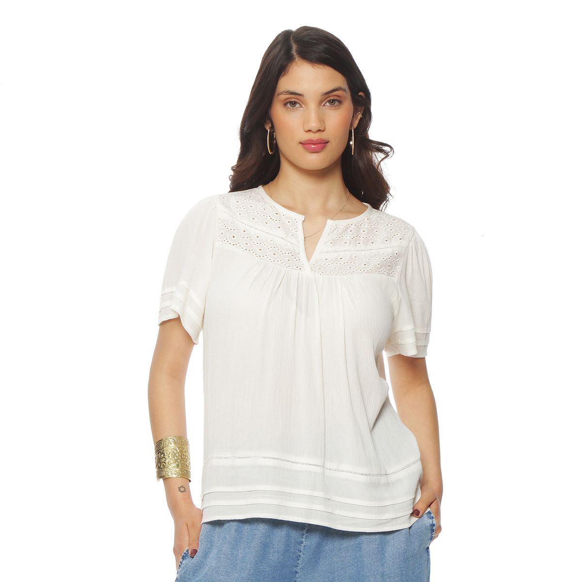 WADOS - POLERA MANGA CORTA ESCOTE V CON APLICACION EN DELANTERO