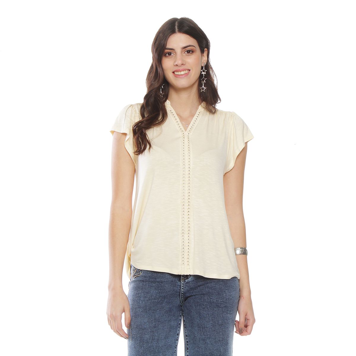 WADOS - POLERA MANGA CORTA SOLIDO ESCOTE V CON APLICACION