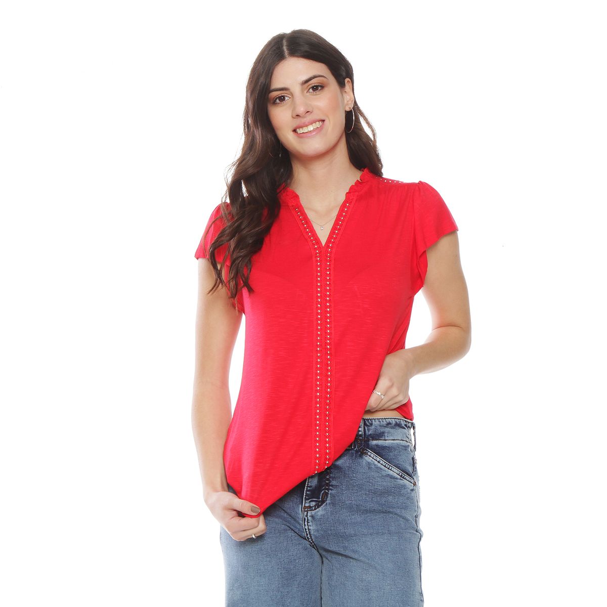 WADOS - POLERA MANGA CORTA SOLIDO ESCOTE V CON APLICACION