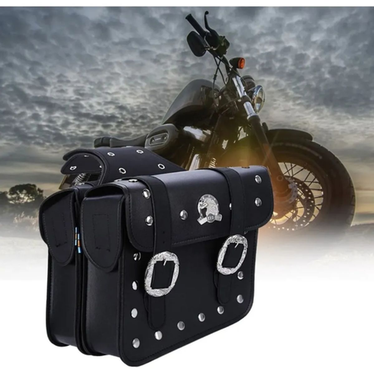 GENERICO - Alforja Moto Cuero Modelo Tachas Grande