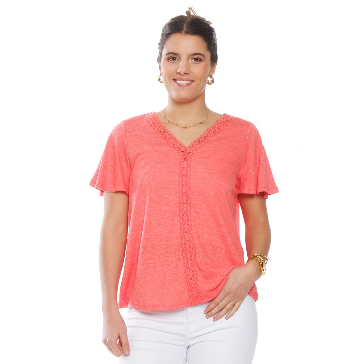 WADOS - POLERA MANGA CORTA SOLIDA ESCOTE V CON APLICACION