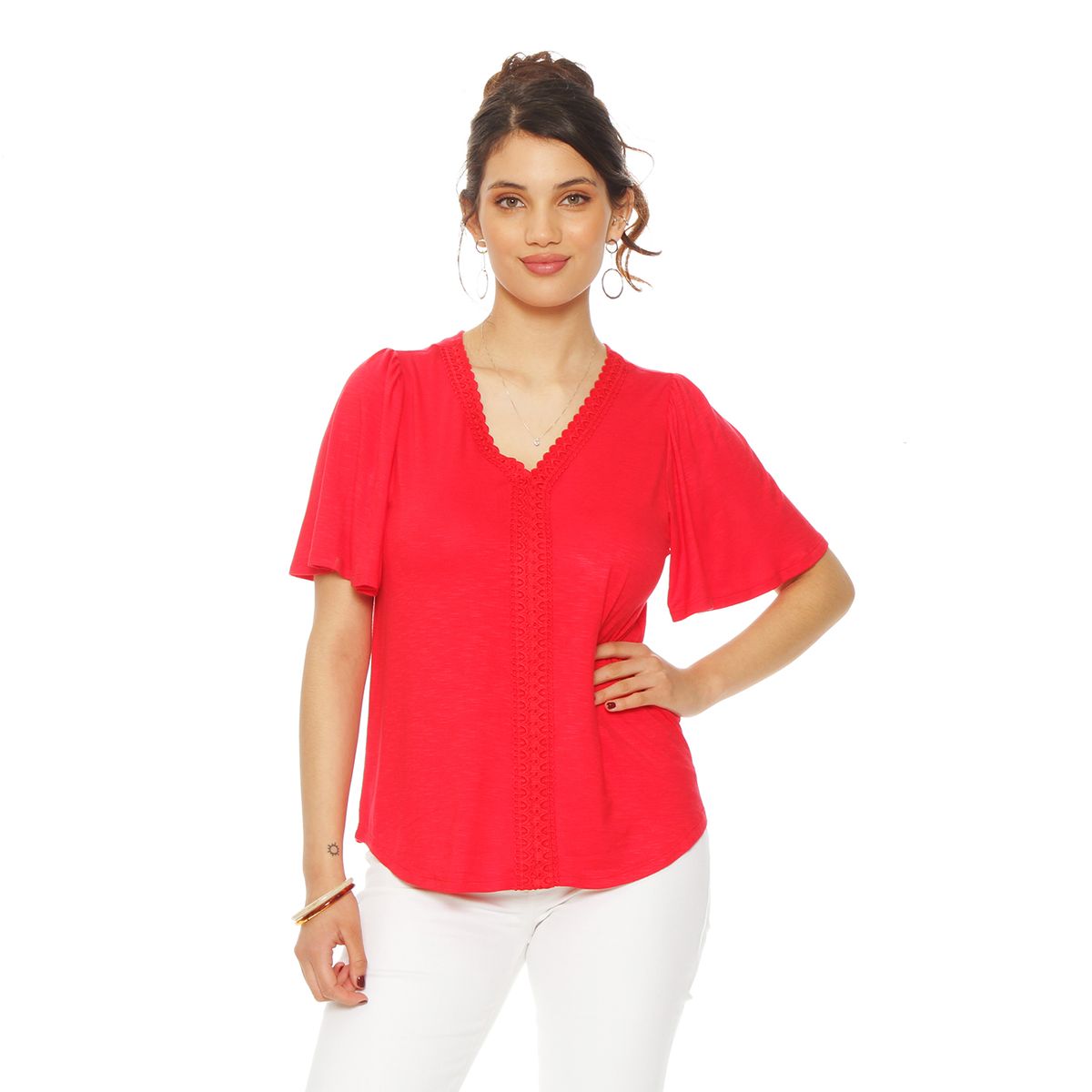 WADOS - POLERA MANGA CORTA SOLIDO ESCOTE V CON APLICACION