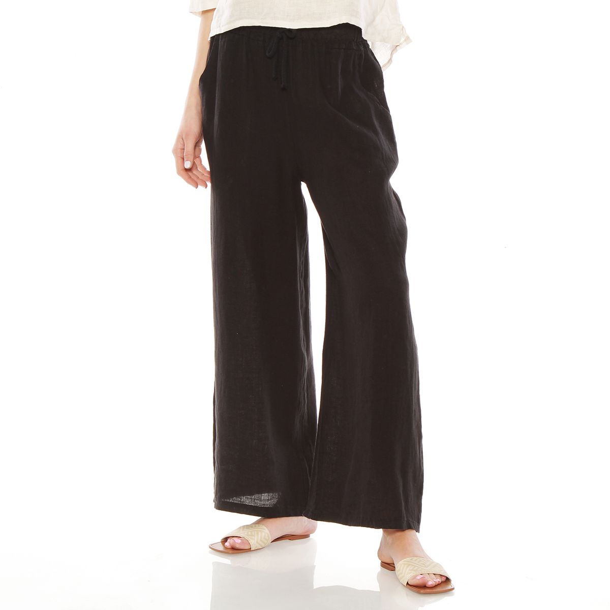 WADOS - PATALON LINO WIDE LEG TIRO ALTO PRETINA ELASTICADA CON BOLSILLO