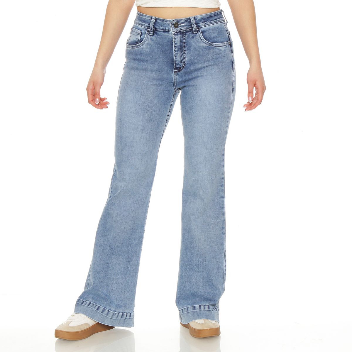 WADOS - JEANS FLARE TIRO ALTO BORDADO  PRETINA BASICA 1 BOTON PUSH UP