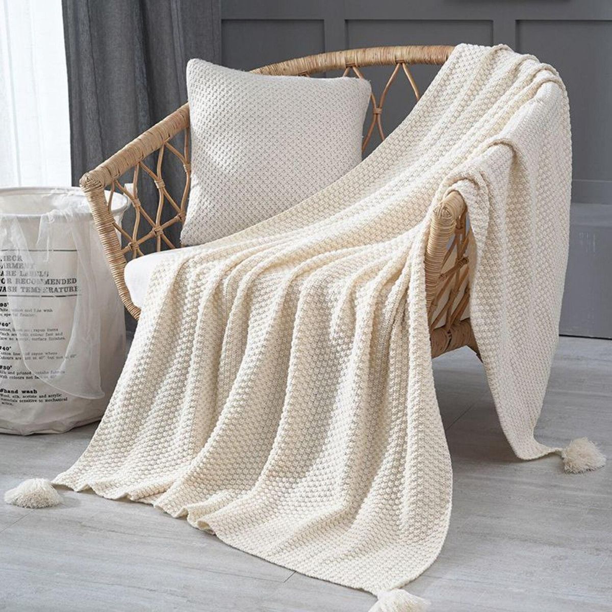 GENERICO - Manta Nordica Con Borlas Tejida Frazada Decorativa 127x172cm - Blanco - 2 Plazas