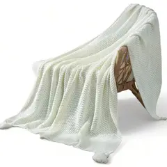 GENERICO - Manta Nordica Con Borlas Tejida Frazada Decorativa 130x190cm - Blanco