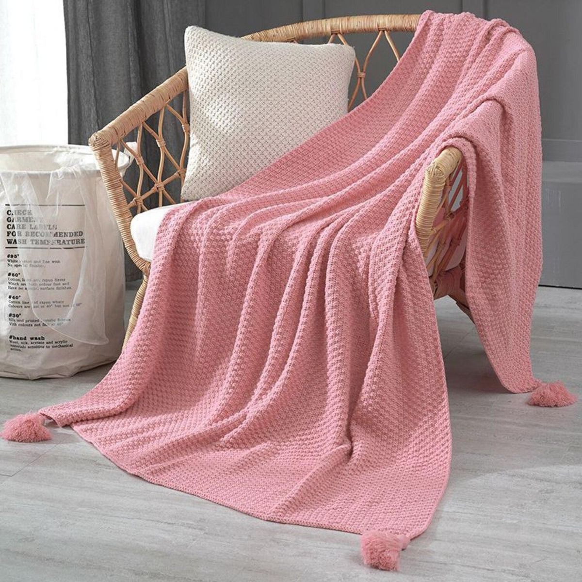 GENERICO - Manta Nordica Con Borlas Tejida Frazada Decorativa 127x172cm - Rosa - 2 Plazas