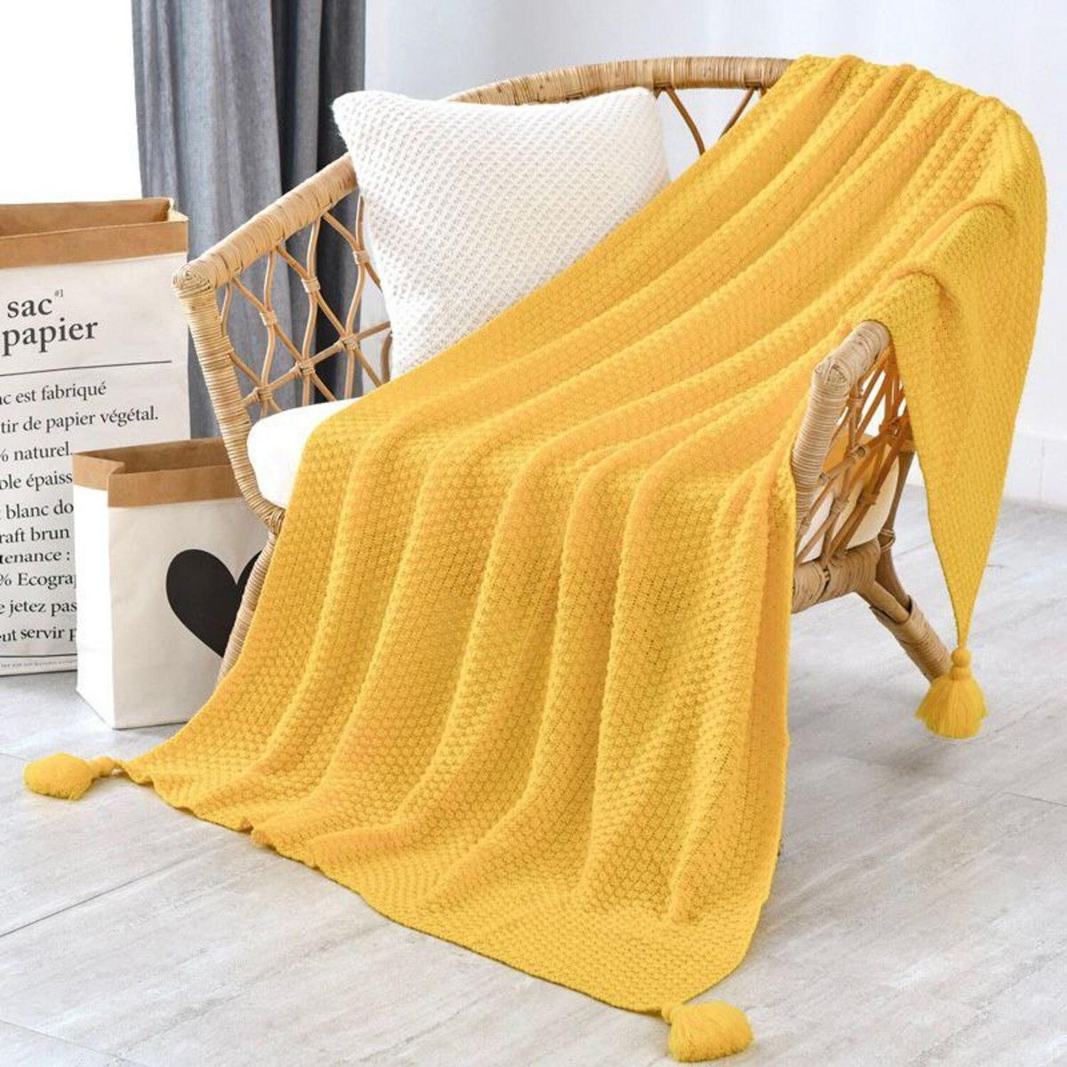 GENERICO - Manta Nordica Con Borlas Tejida Frazada Decorativa 127x172cm - Amarillo - 2 Plazas