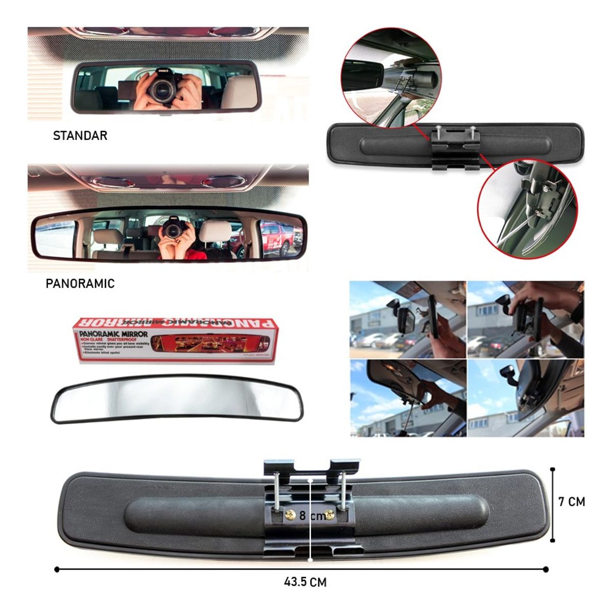 GENERICO - Espejo Retrovisor Panoramico Interior 17 Pulgadas