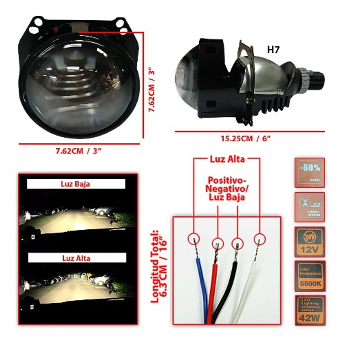 GENERICO - X2 Proyector 3 Pulgadas H7 Auto 12v 42w