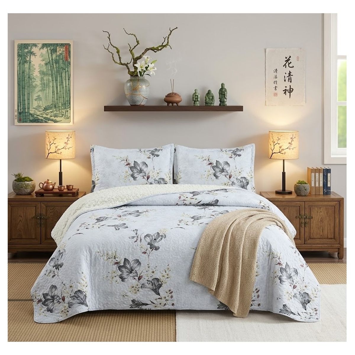 COMPRAPO - Cubrecama Quilt Juvenil Sherpa 2 Plazas Modelo Flores de Ceniza