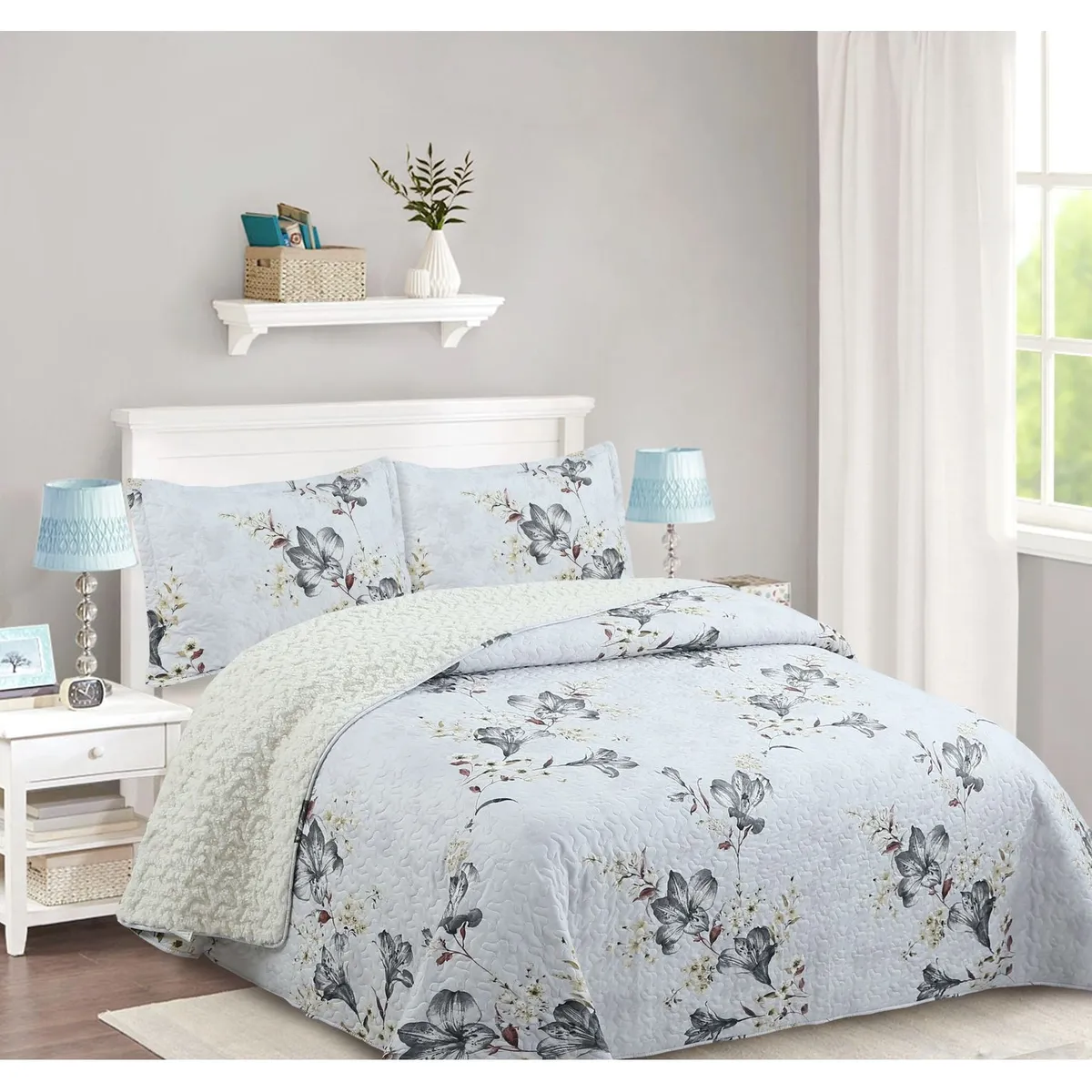 COMPRAPO - Cubrecama Quilt Juvenil Sherpa 2 Plazas Modelo Flores de Ceniza