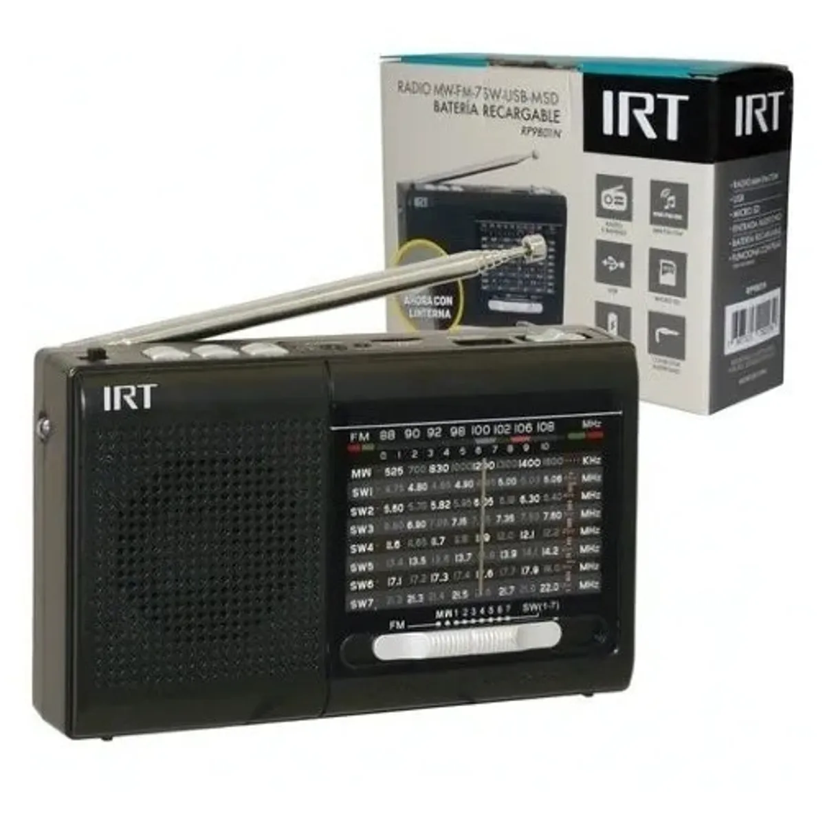 IRT - Radio recargable Portatil Irt Am Fm Sw Usb Msd 9 Bandas