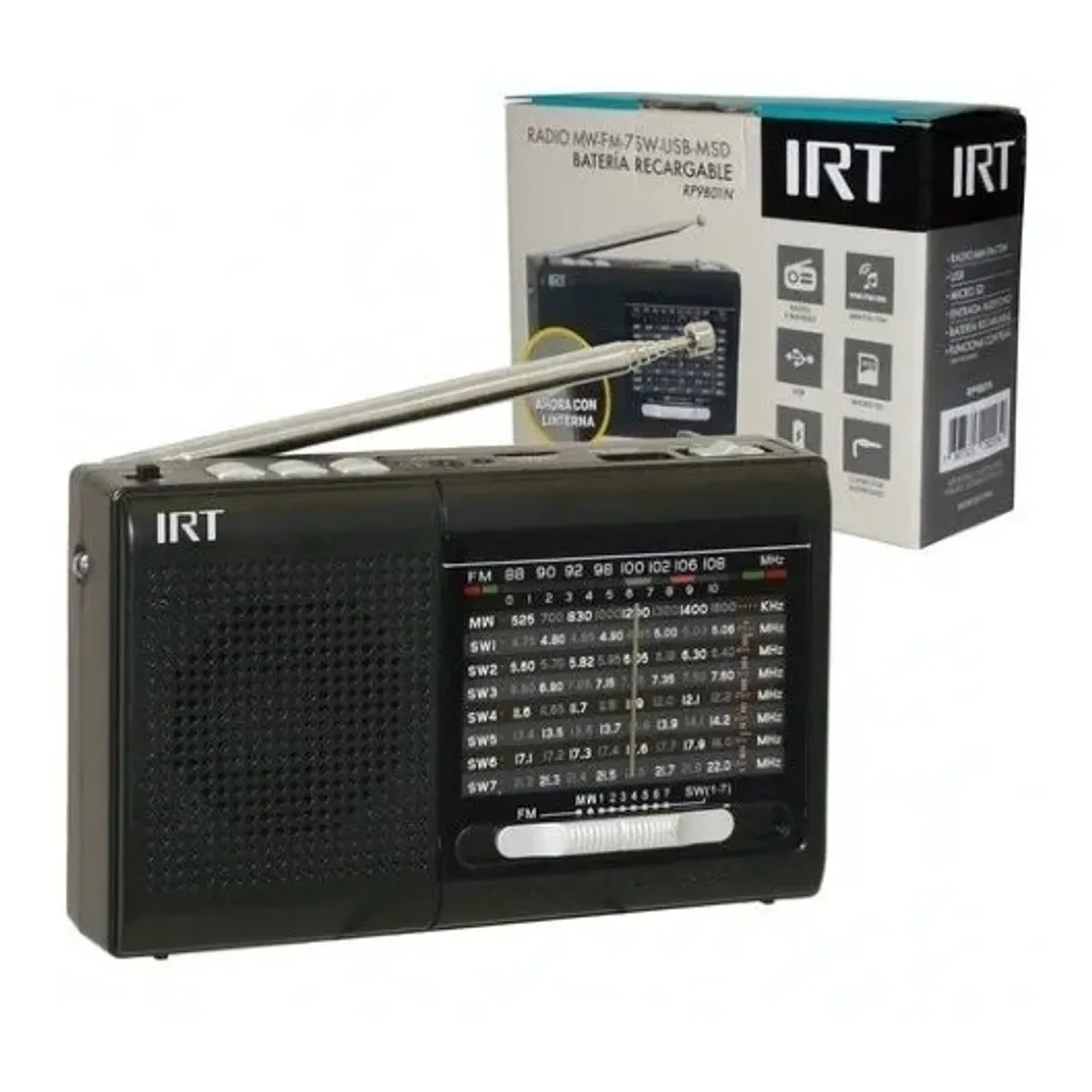 IRT - Radio recargable Portatil Irt Am Fm Sw Usb Msd 9 Bandas