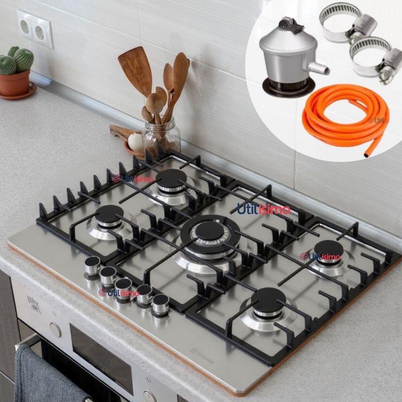 LINE - Encimera Gas Licuado 5 Platos Acero Inox con Chispero+Kit Instalación