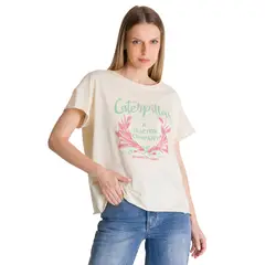 CAT - Polera Manga Corta Mujer Diseño Crema