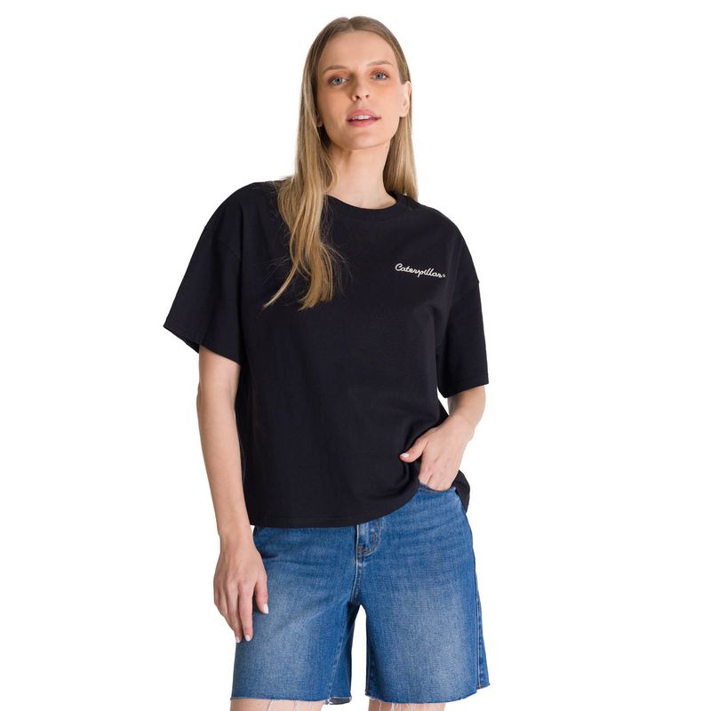 CAT - Polera Manga Corta Boxy Mujer Bordato Negro CAT