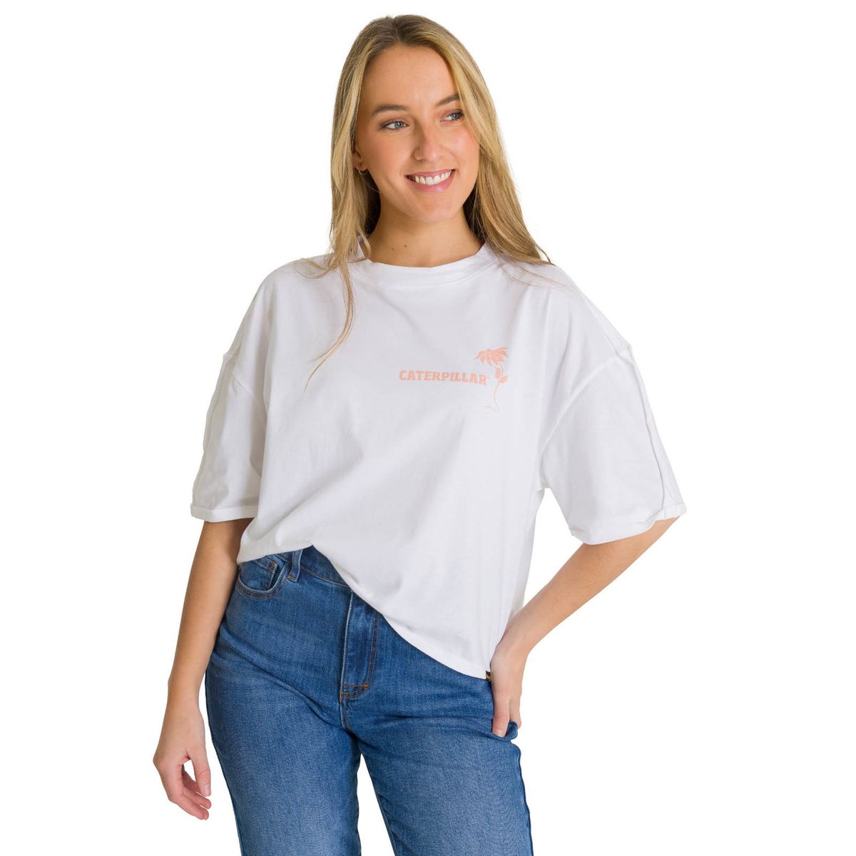 CAT - Polera Manga Corta Oversize Mujer Diseño Blanca CAT