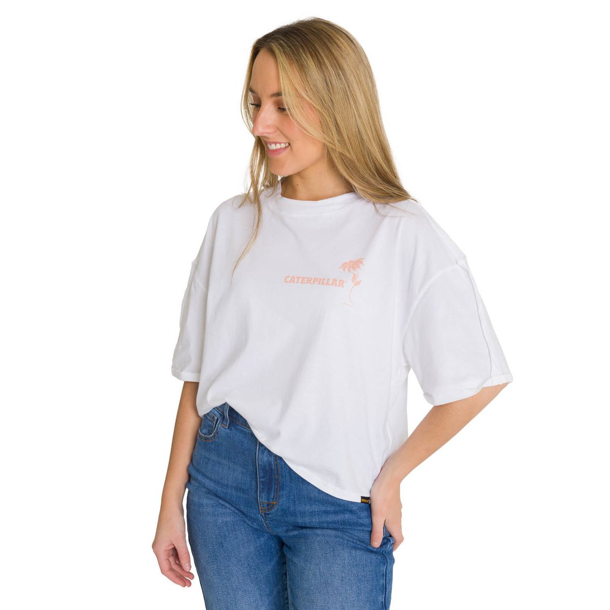 CAT - Polera Manga Corta Oversize Mujer Diseño Blanca CAT