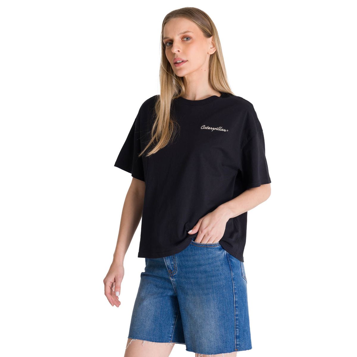 CAT - Polera Manga Corta Boxy Mujer Bordato Negro CAT