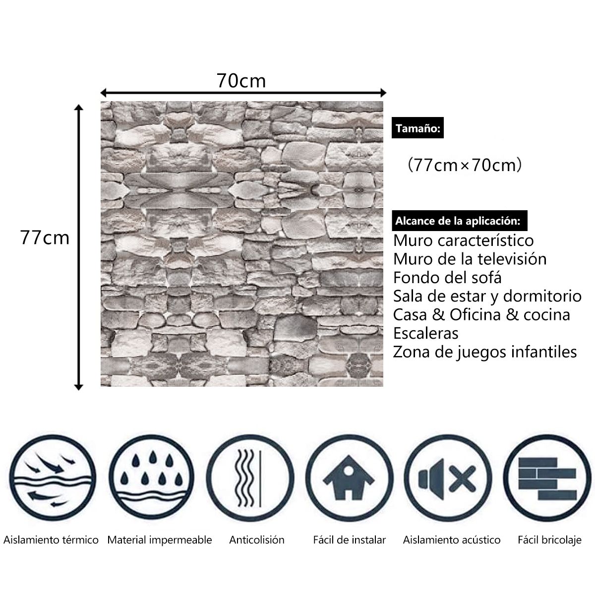SUPERCENTER - Pack 10 Laminas Papel Mural 3d Ladrillo Pared Roca5 77x70cm