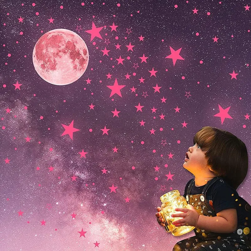 GENERICO - 435 Calcomanías De Estrellas Y Luna Que Brillan En La Oscuridad-Rosa