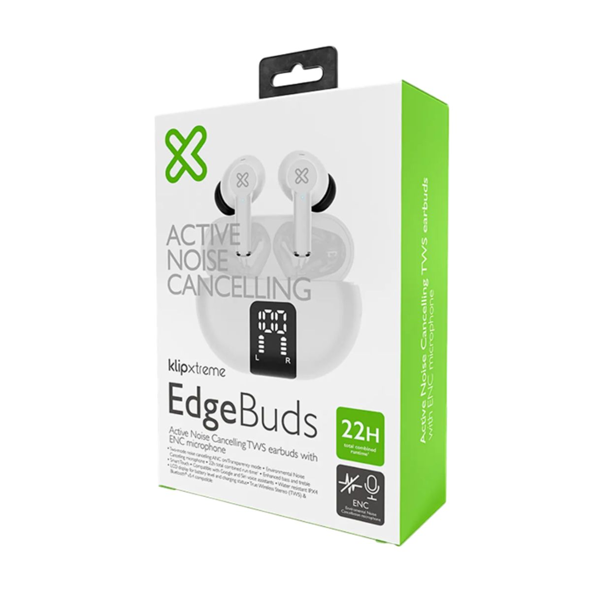 KLIP XTREME - Klip Xtreme KTE-755WH EdgeBuds TWS, Audífonos Inalámbricos con ANC, 22h de Batería, Micrófono ENC, Bluetooth, Blanco