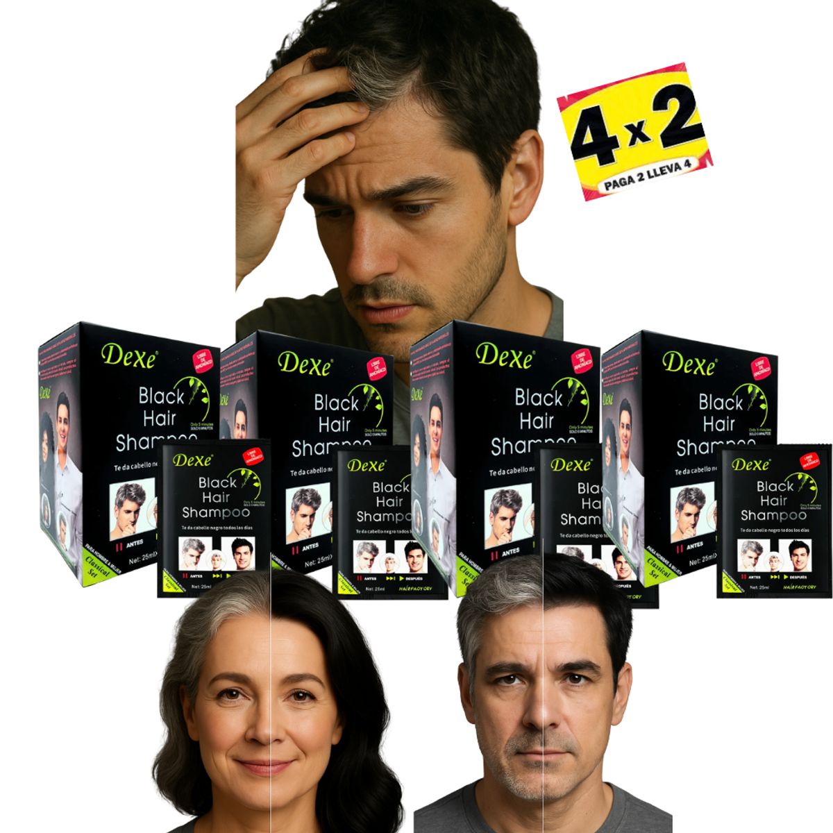 DEXE - Shampoo Dexe Tintecubre Canas Negro 1 litro sin amoniaco