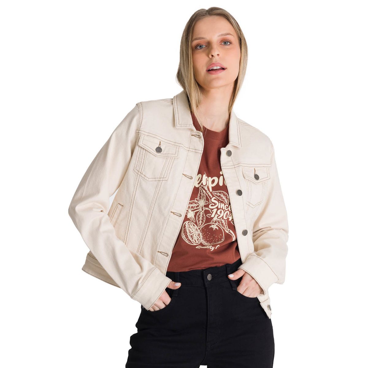 CAT - Chaqueta de Jeans Mujer Foundation Beige CAT