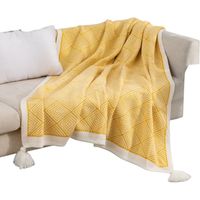 Manta Decorativa Diseño Rombos Medida 130x150cm Con Pompones Amarillo