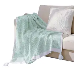 GENERICO - Manta Decorativa Diseño Rombos Medida 130x150cm Con Pompones Menta