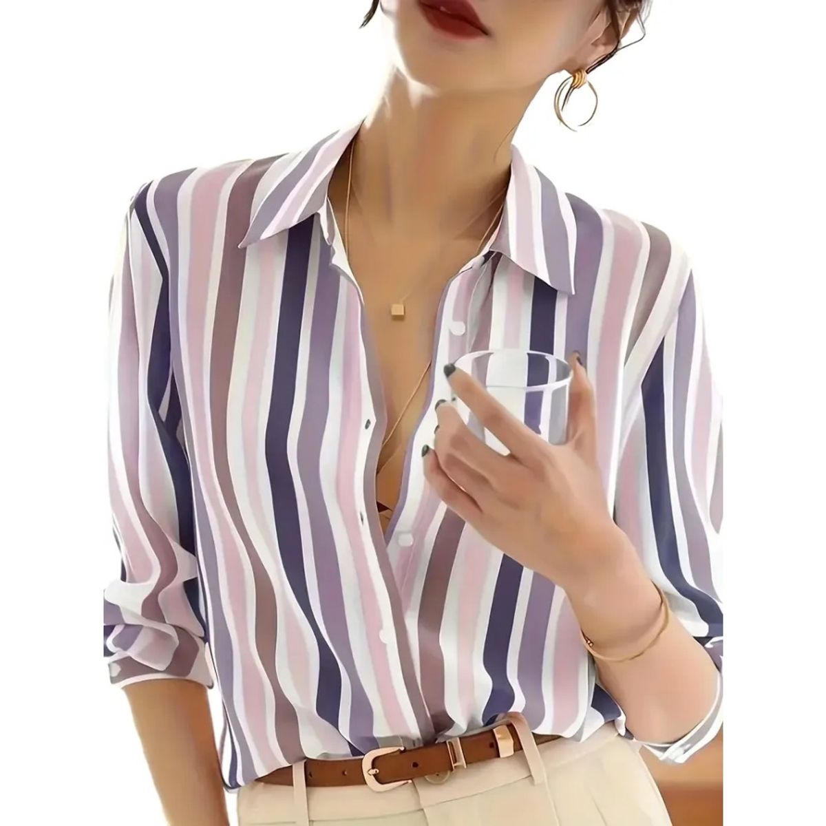 GIOIO - Blusas De Manga Larga Con Botones A Rayas Para Mujer Violeta