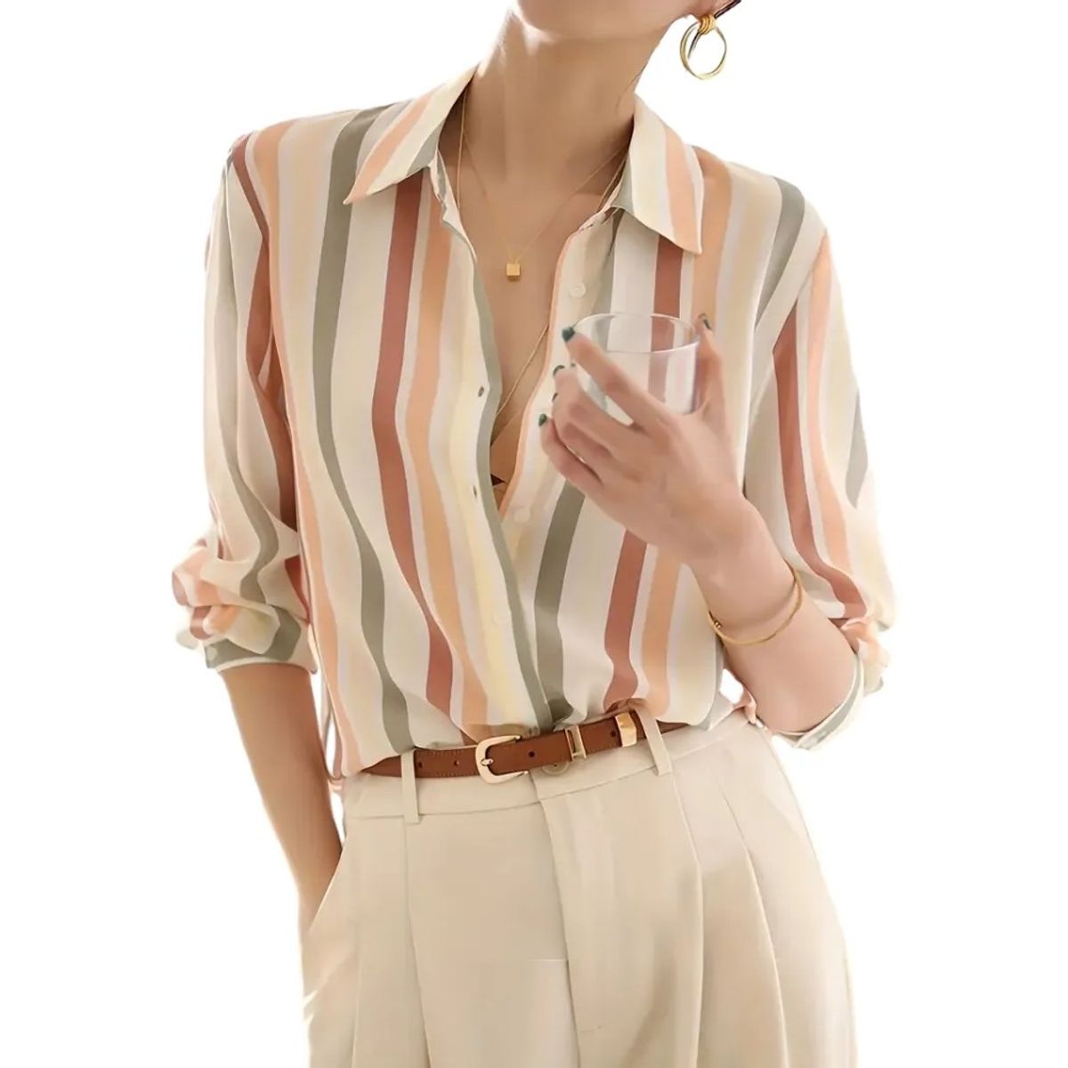 GIOIO - Blusas De Manga Larga Con Botones A Rayas Para Mujer Beige