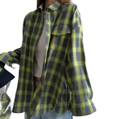 GIOIO - Camisa Cuadros Retro Solapa Amplia Manga Larga Bolsillos Holgada​