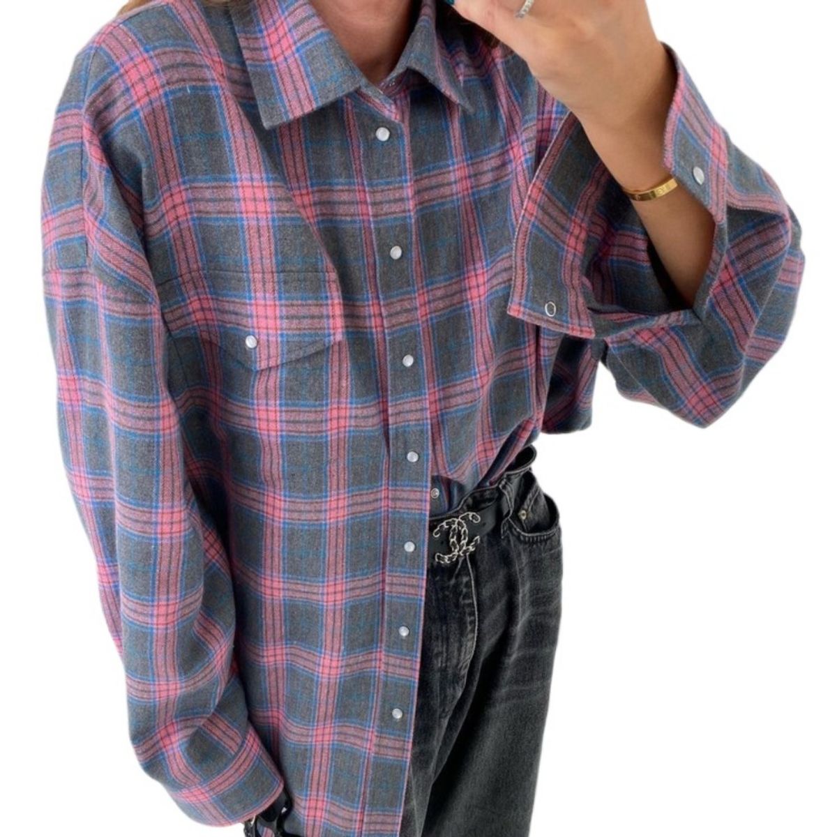 GIOIO - Camisa Cuadros Retro Solapa Amplia Manga Larga Bolsillos Holgada​