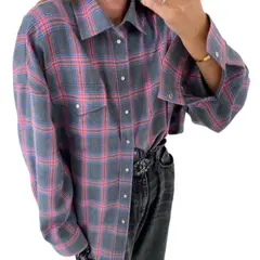 GIOIO - Camisa Cuadros Retro Solapa Amplia Manga Larga Bolsillos Holgada​