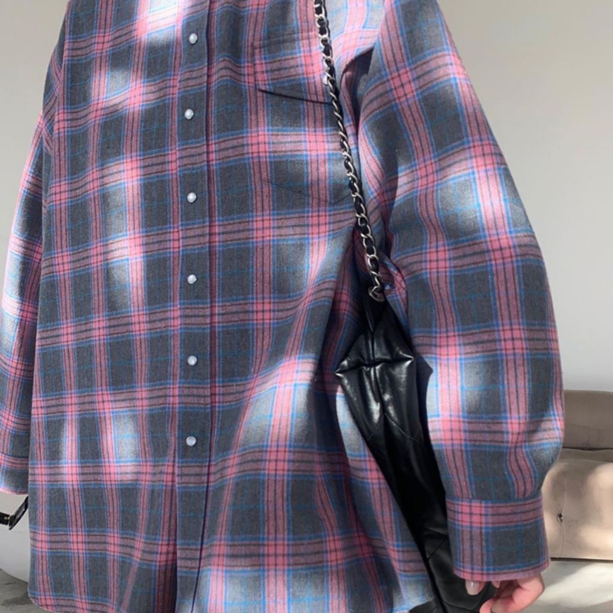 GIOIO - Camisa Cuadros Retro Solapa Amplia Manga Larga Bolsillos Holgada​