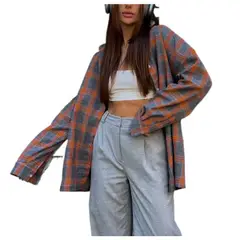 GIOIO - Camisa Cuadros Retro Solapa Amplia Manga Larga Bolsillos Holgada​