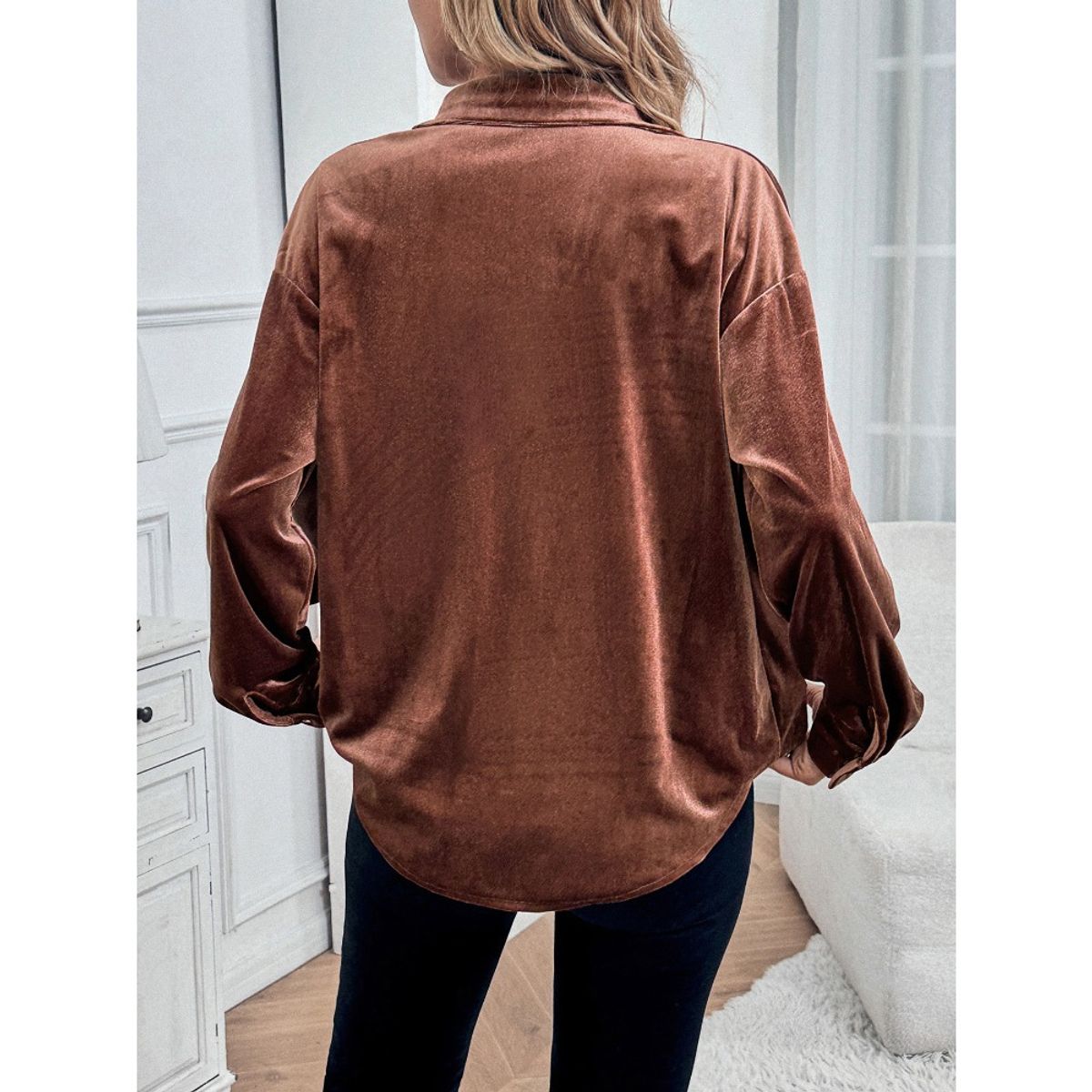 GIOIO - Camisa Terciopelo Solapa Manga Larga Figura Esbelta​