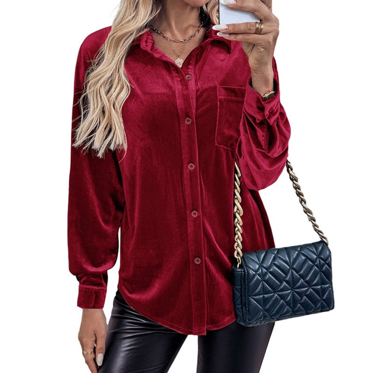 GIOIO - Camisa Terciopelo Solapa Manga Larga Figura Esbelta​