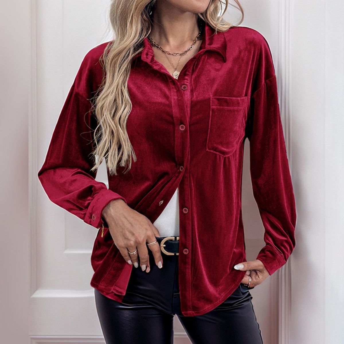 GIOIO - Camisa Terciopelo Solapa Manga Larga Figura Esbelta​