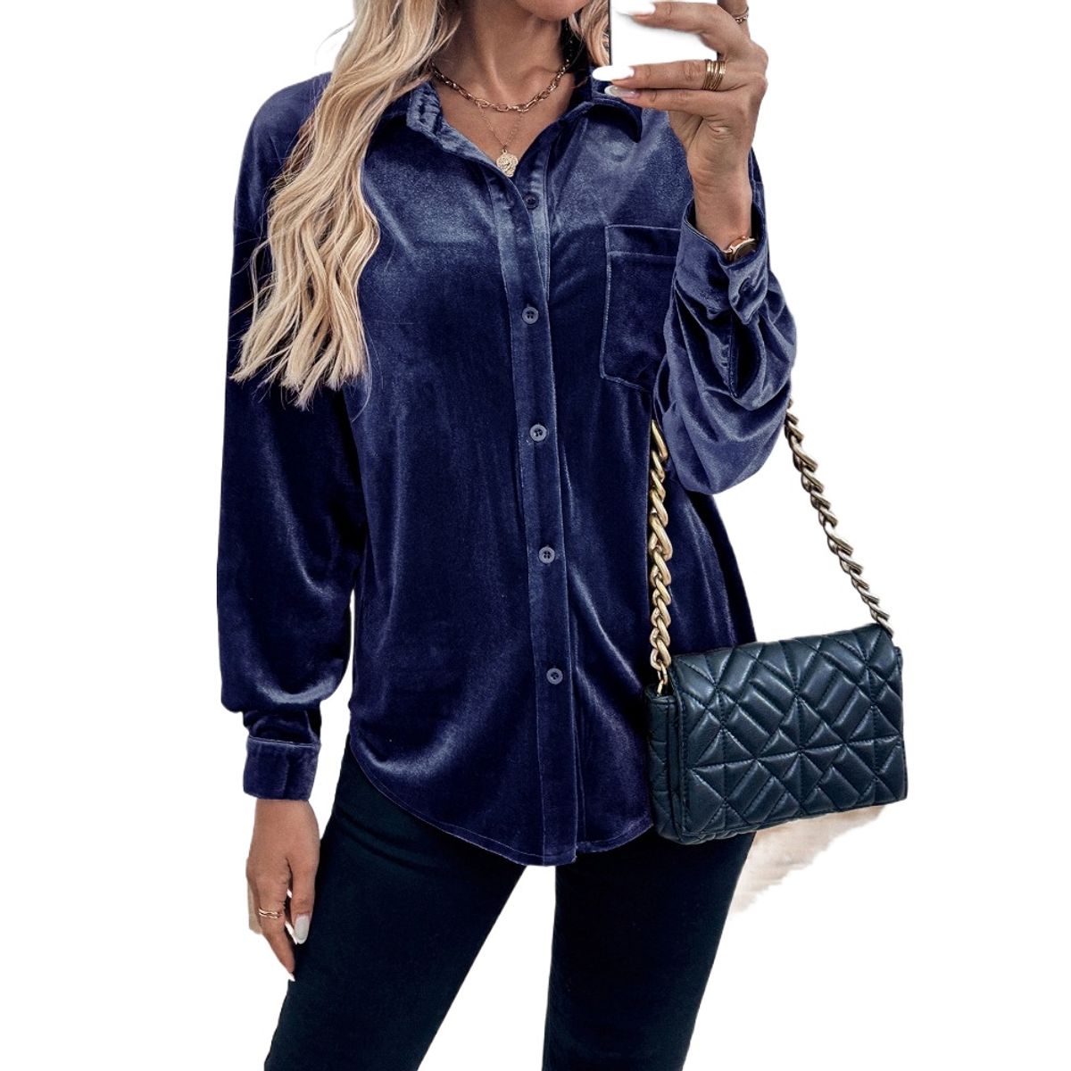 GIOIO - Camisa Terciopelo Solapa Manga Larga Figura Esbelta​